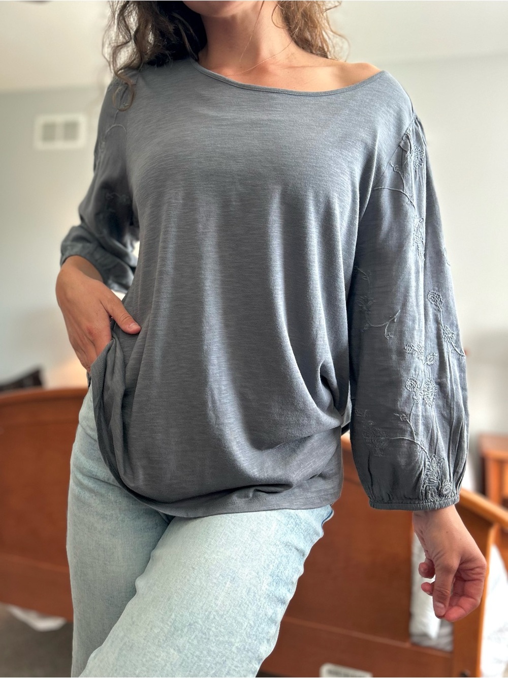 J. Jill Slate Gray Boatneck Tunic with Embroidered Sleeves
